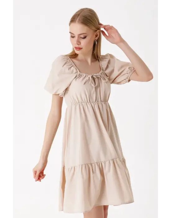 2351 Kloş Poplin Elbise - Bej