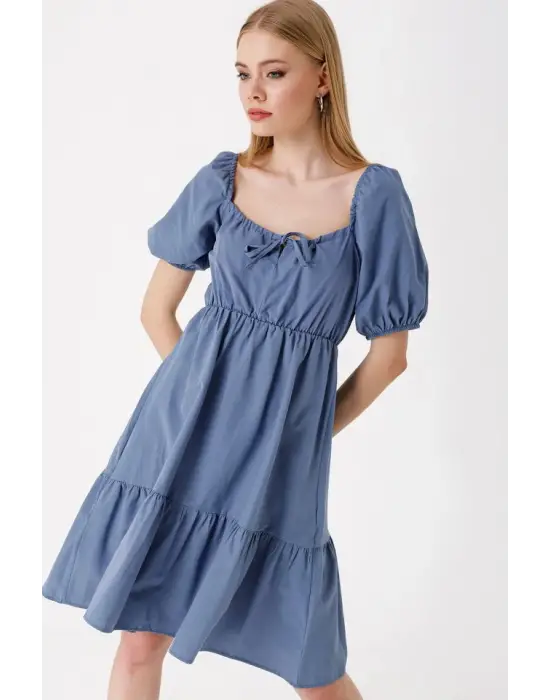 2351 Kloş Poplin Elbise - İndigo