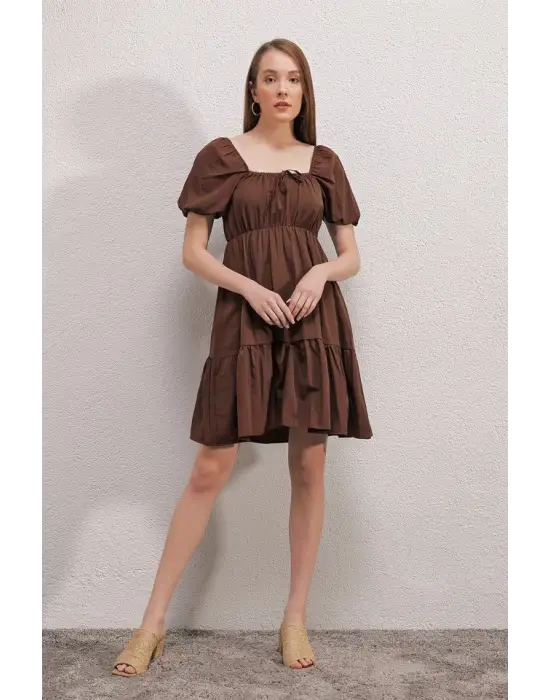2351 Kloş Poplin Elbise - Kahverengi