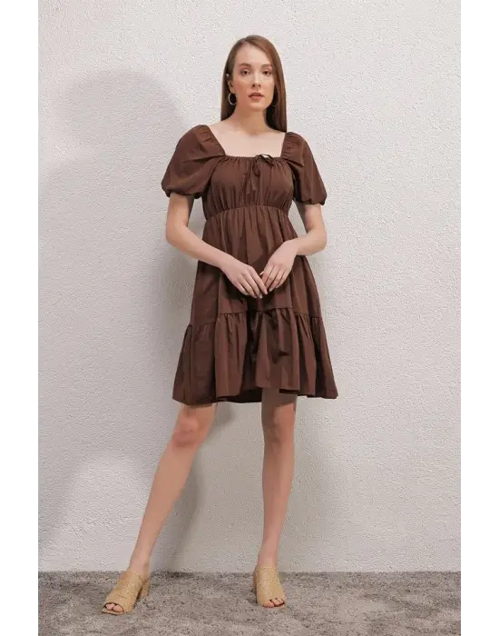 2351 Kloş Poplin Elbise - Kahverengi