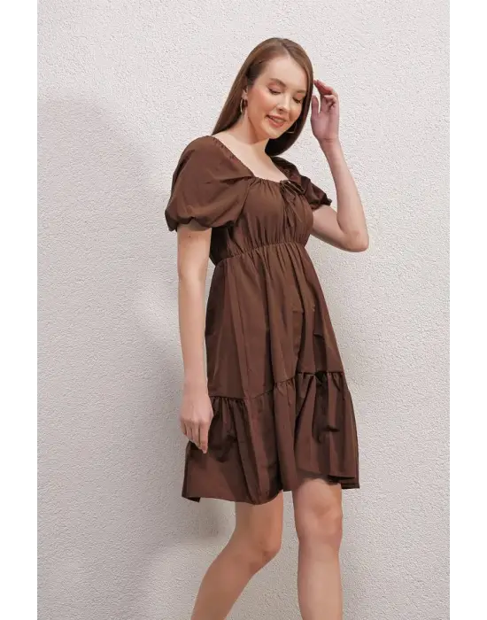 2351 Kloş Poplin Elbise - Kahverengi