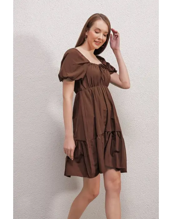 2351 Kloş Poplin Elbise - Kahverengi