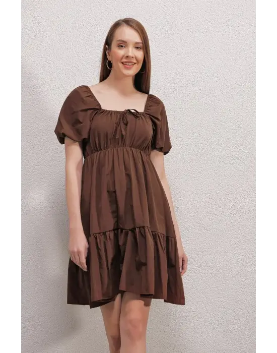2351 Kloş Poplin Elbise - Kahverengi
