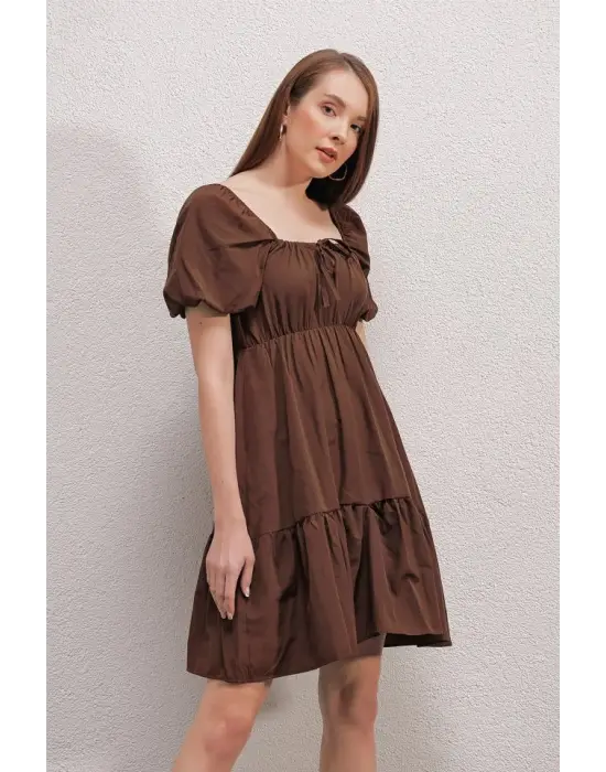 2351 Kloş Poplin Elbise - Kahverengi