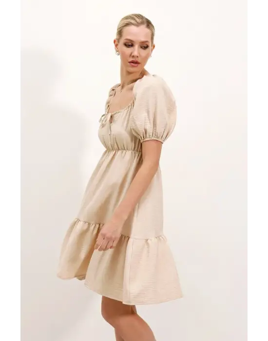 2351 Kloş Poplin Elbise - Krem