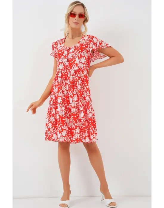 2352 V Yaka Kısa Elbise - Kırmızı