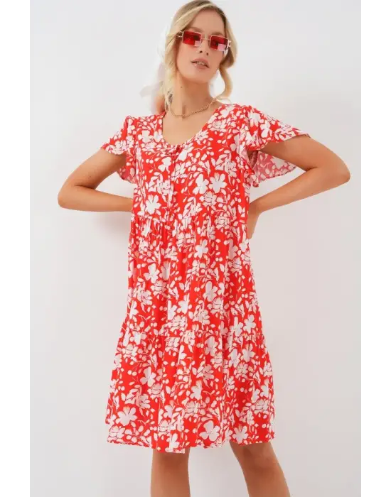 2352 V Yaka Kısa Elbise - Kırmızı