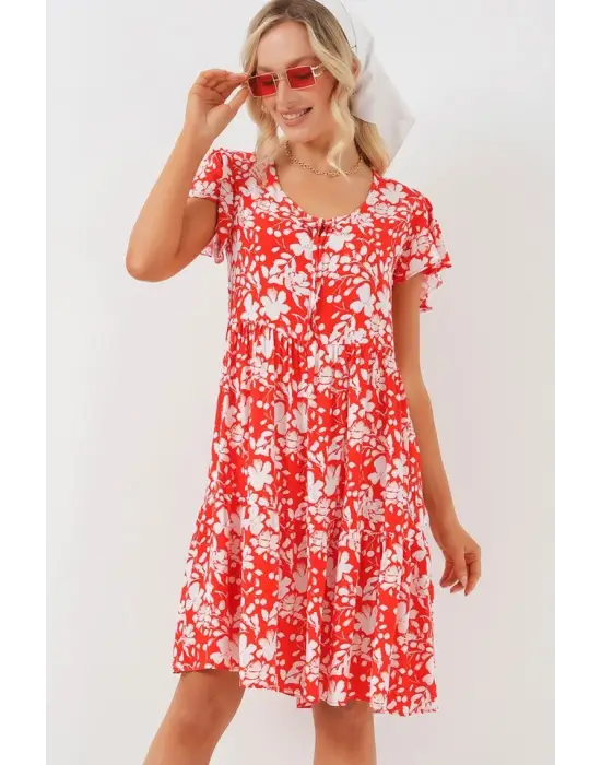 2352 V Yaka Kısa Elbise - Kırmızı