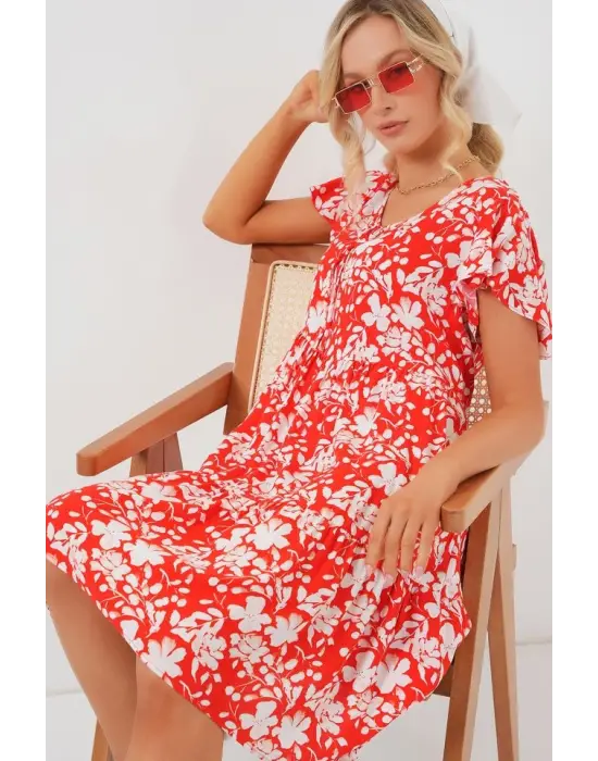 2352 V Yaka Kısa Elbise - Kırmızı