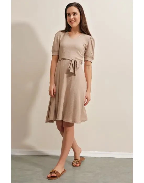 2370 Kuşaklı Örme Elbise - Bej