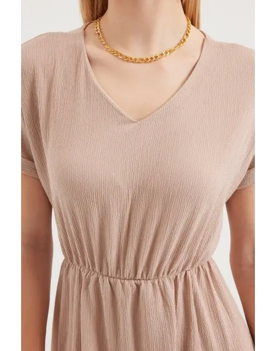 2378 V Yaka Yırtmaçlı Örme Elbise - Bisküvi