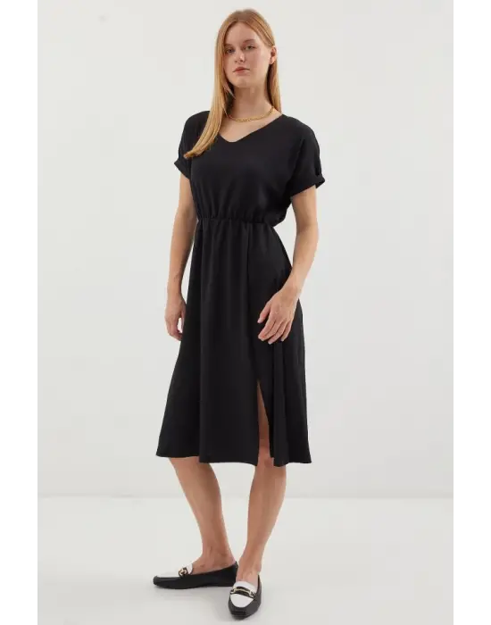 2378 V Yaka Yırtmaçlı Örme Elbise - Siyah