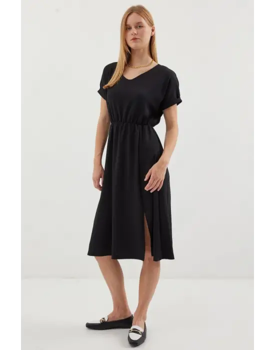 2378 V Yaka Yırtmaçlı Örme Elbise - Siyah