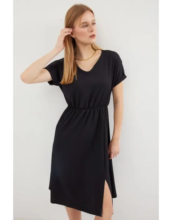 2378 V Yaka Yırtmaçlı Örme Elbise - Siyah