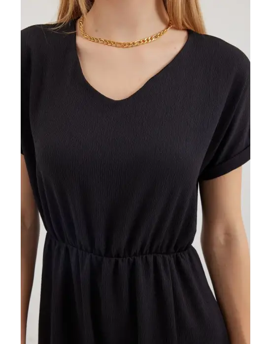 2378 V Yaka Yırtmaçlı Örme Elbise - Siyah