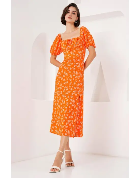 2387 Yırtmaç Detaylı Elbise - Turuncu