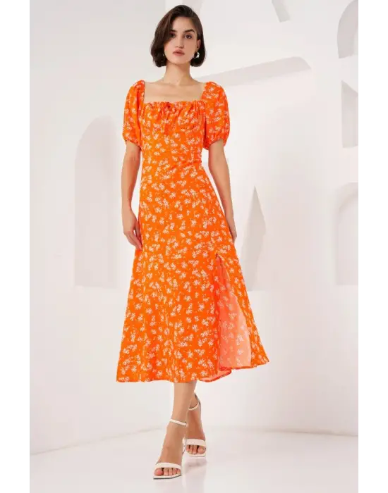 2387 Yırtmaç Detaylı Elbise - Turuncu