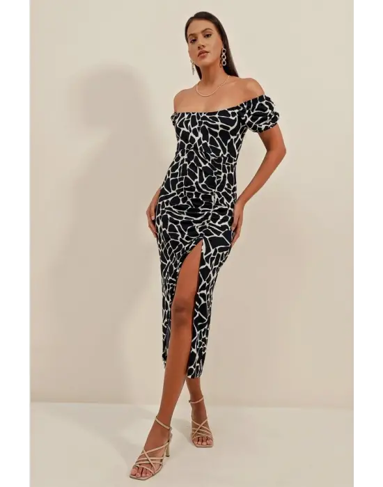 2396 Yırtmaçlı Yazlık Örme Elbise - A.Siyah