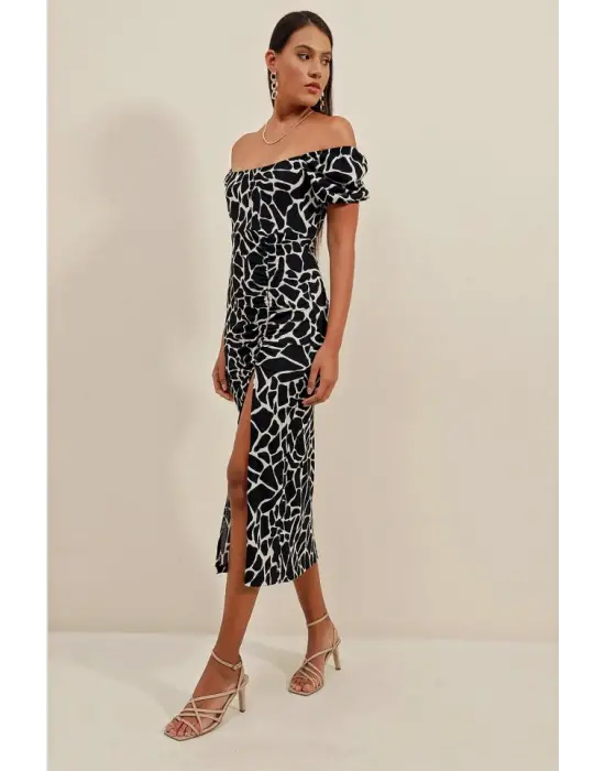 2396 Yırtmaçlı Yazlık Örme Elbise - A.Siyah