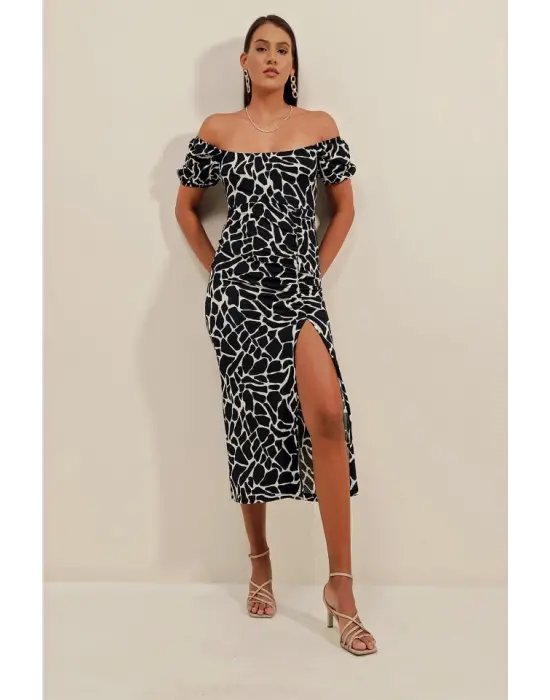 2396 Yırtmaçlı Yazlık Örme Elbise - A.Siyah