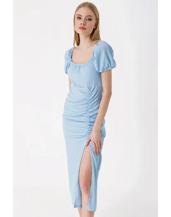 2396 Yırtmaçlı Yazlık Örme Elbise - Mavi
