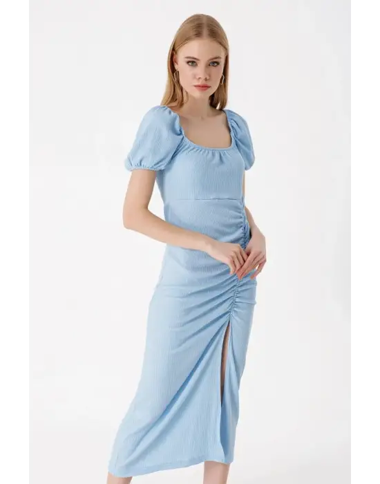 2396 Yırtmaçlı Yazlık Örme Elbise - Mavi