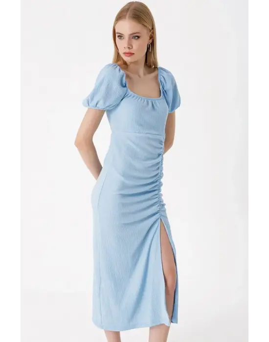 2396 Yırtmaçlı Yazlık Örme Elbise - Mavi