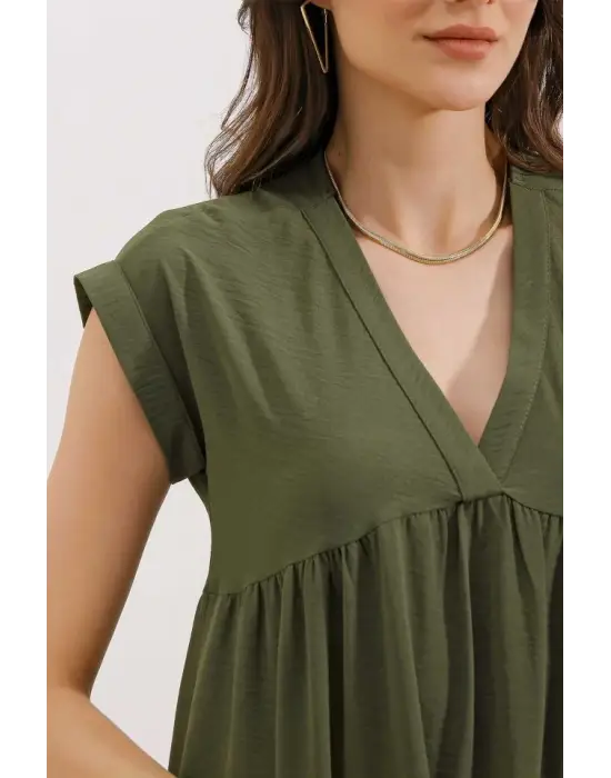2398 V Yaka Volanlı Elbise - Haki