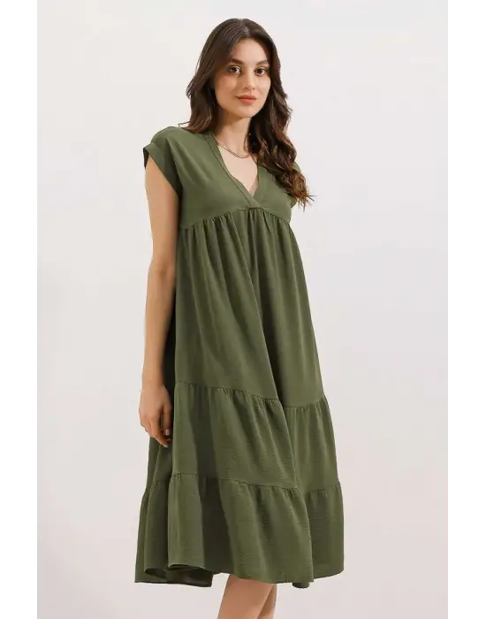 2398 V Yaka Volanlı Elbise - Haki