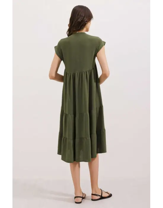 2398 V Yaka Volanlı Elbise - Haki