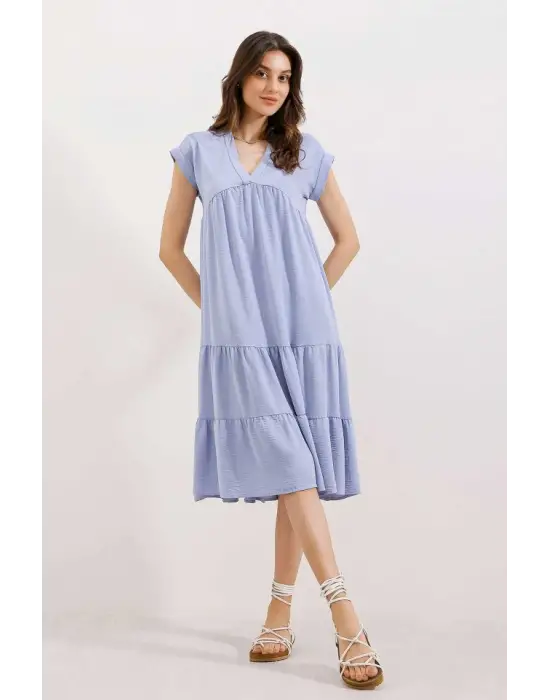 2398 V Yaka Volanlı Elbise - Mavi