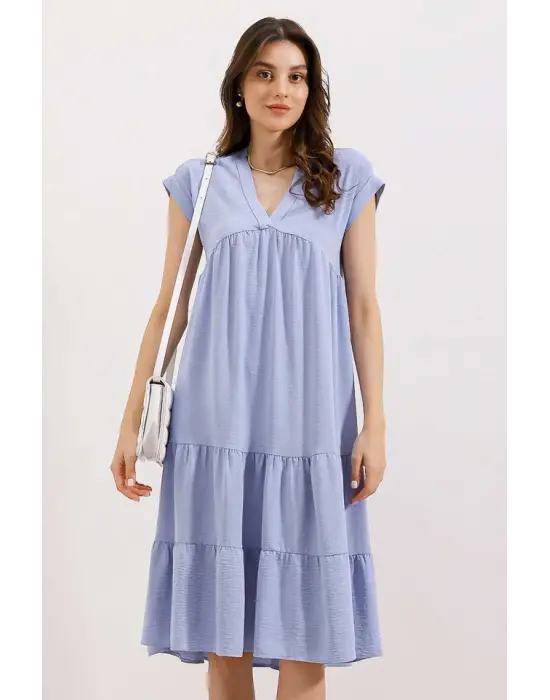2398 V Yaka Volanlı Elbise - Mavi