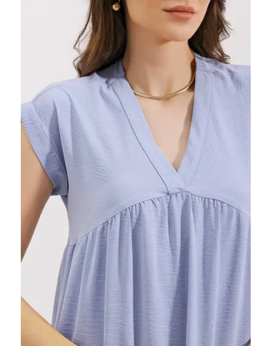 2398 V Yaka Volanlı Elbise - Mavi