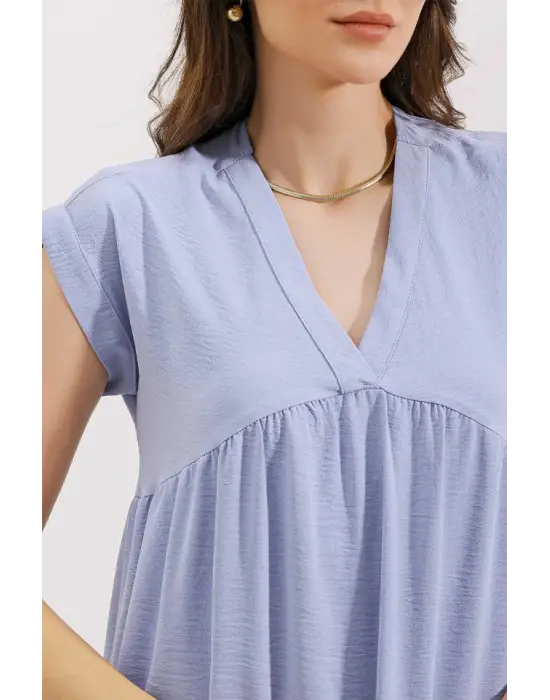 2398 V Yaka Volanlı Elbise - Mavi