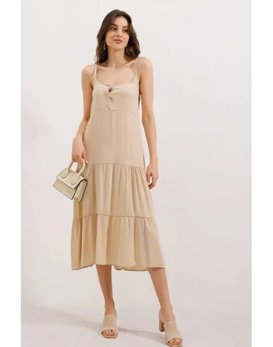 2403 Askılı Midi Elbise - Krem