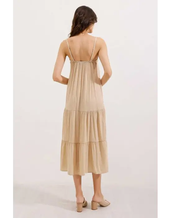 2403 Askılı Midi Elbise - Krem