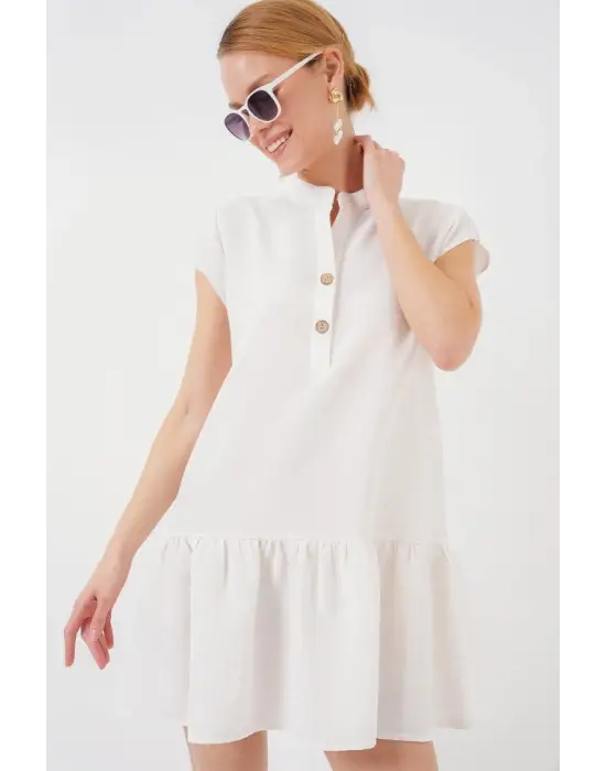 2425 Keten Mini Elbise - Ekru