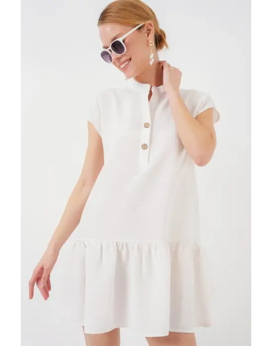 2425 Keten Mini Elbise - Ekru