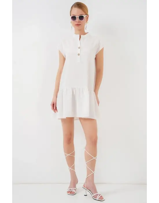 2425 Keten Mini Elbise - Ekru