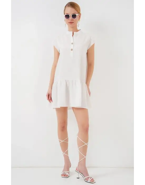 2425 Keten Mini Elbise - Ekru