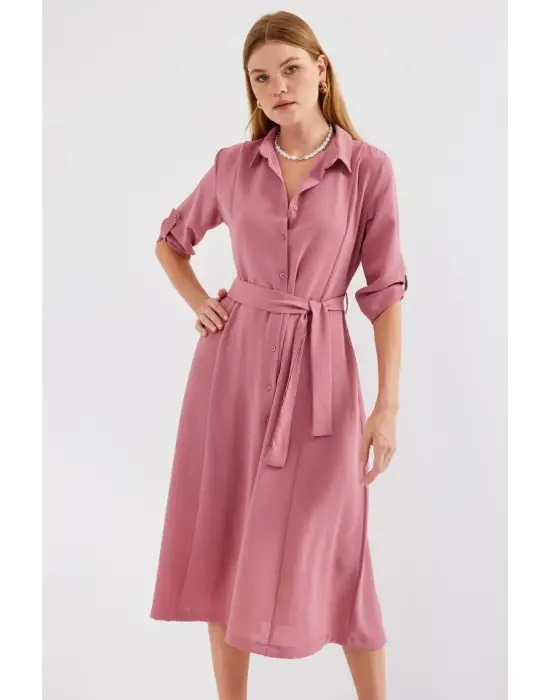 2442 Kuşaklı Gömlek Elbise - A.Gül Kurusu