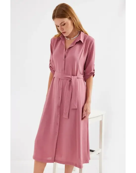 2442 Kuşaklı Gömlek Elbise - A.Gül Kurusu