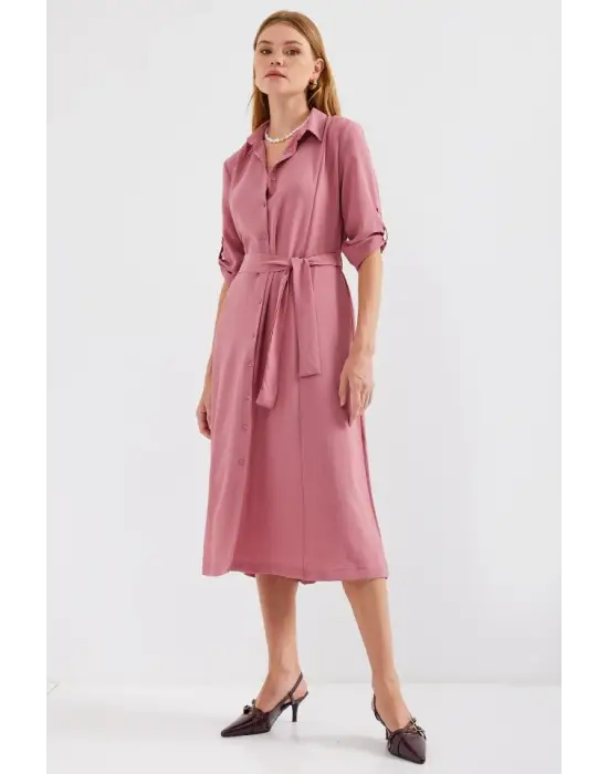 2442 Kuşaklı Gömlek Elbise - A.Gül Kurusu