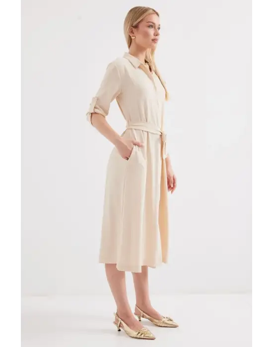 2442 Kuşaklı Gömlek Elbise - Krem