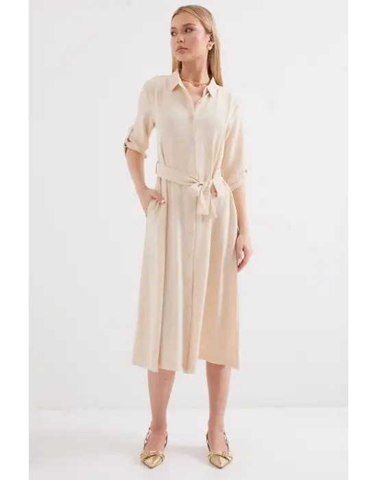 2442 Kuşaklı Gömlek Elbise - Krem