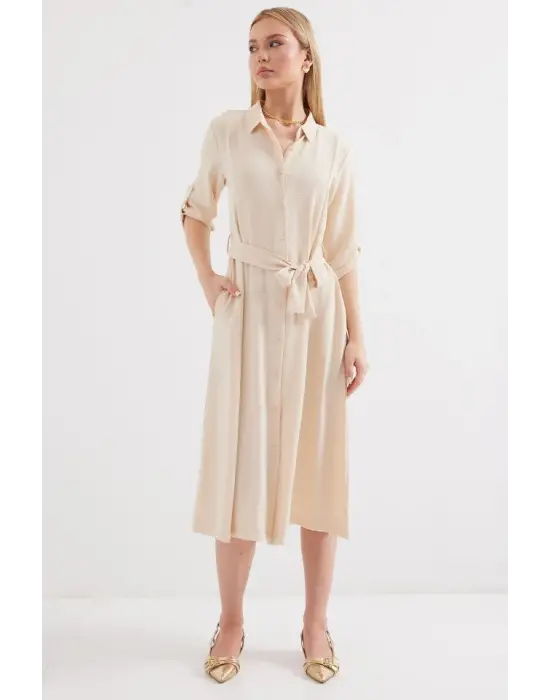 2442 Kuşaklı Gömlek Elbise - Krem