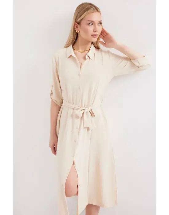 2442 Kuşaklı Gömlek Elbise - Krem