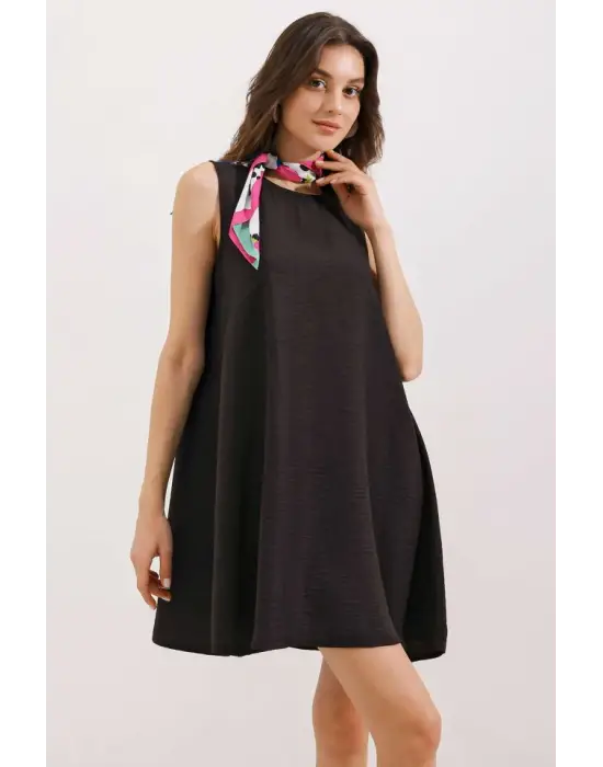 2444 Detaylı Mini Keten Elbise - Siyah