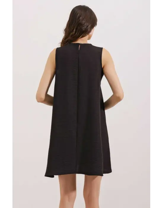 2444 Detaylı Mini Keten Elbise - Siyah