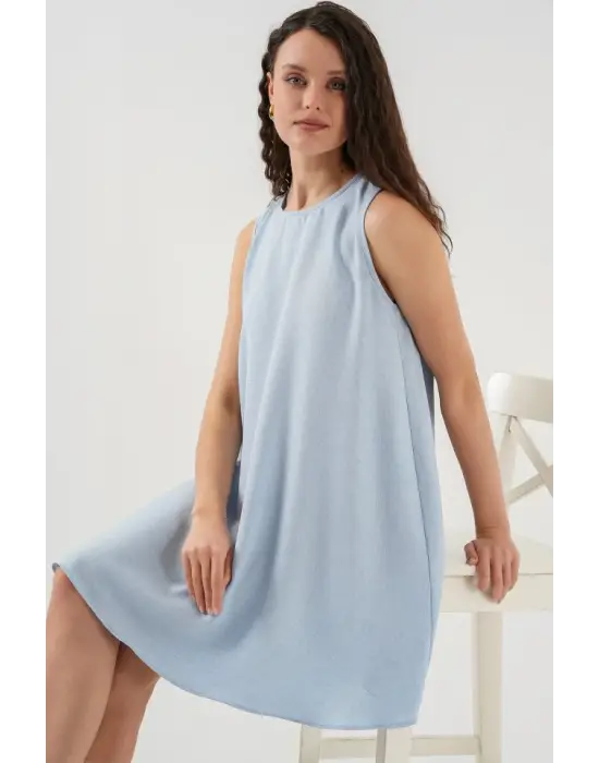 2444 Mini Keten Elbise - Açık Mavi
